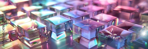 Abstract render of colorful glass geometric shapes with reflective surfaces. Vibrant and reflective glass contrast against geometric shapes, creating an abstract and futuristic atmosphere. 