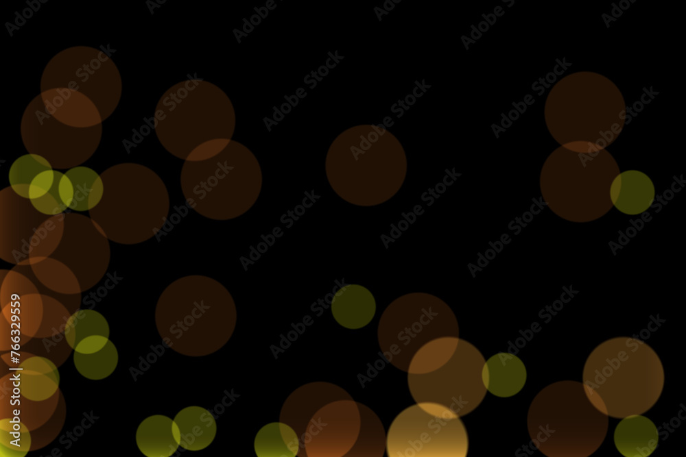 Defocused orange, yellow bokeh, round lamps of varying degrees of blur and transparency on a dark night background. Blank for artwork - obrazy, fototapety, plakaty 