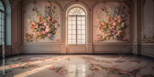 Luxury Palace Interior decorated with pink roses flowers. Palace Interior, Wedding background