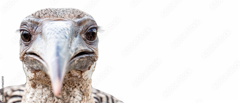 Naklejka premium A bird's face in close-up, adorned with a white and black striped pattern on its body