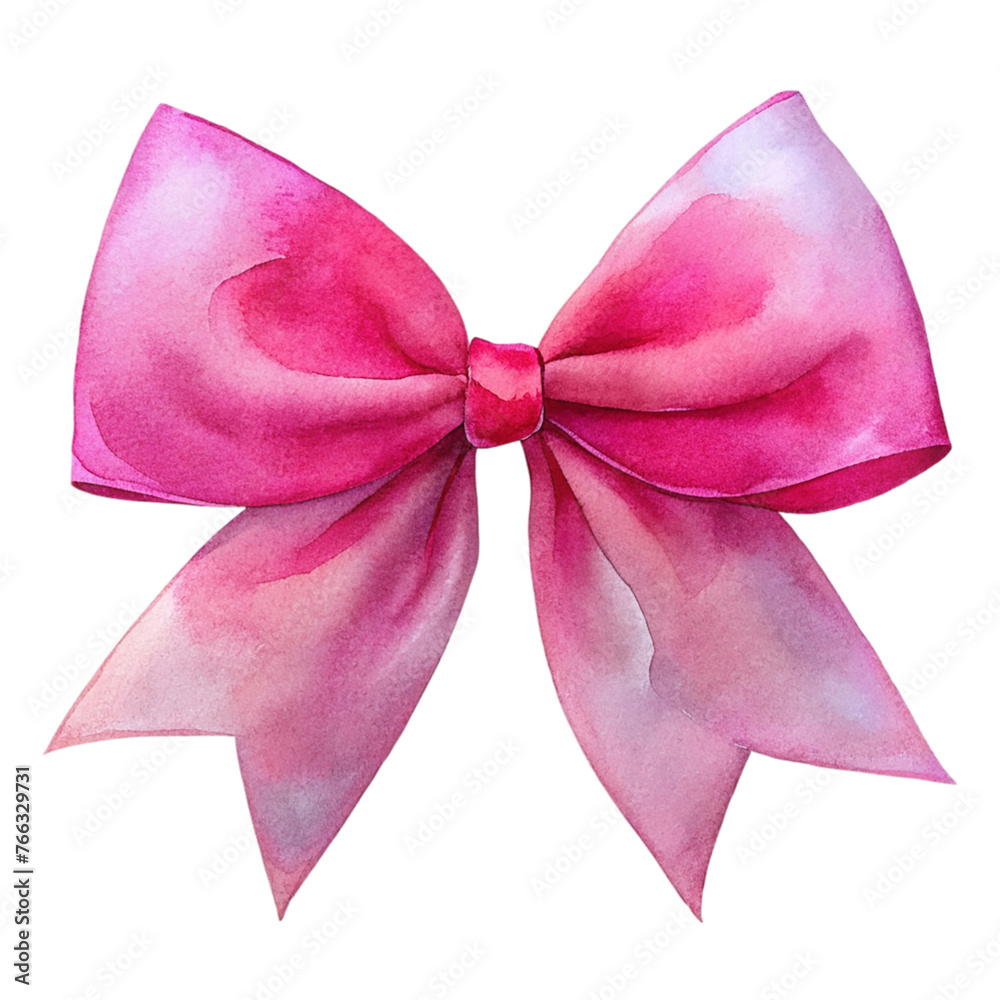 Watercolor pink bow isolated on transparent background.