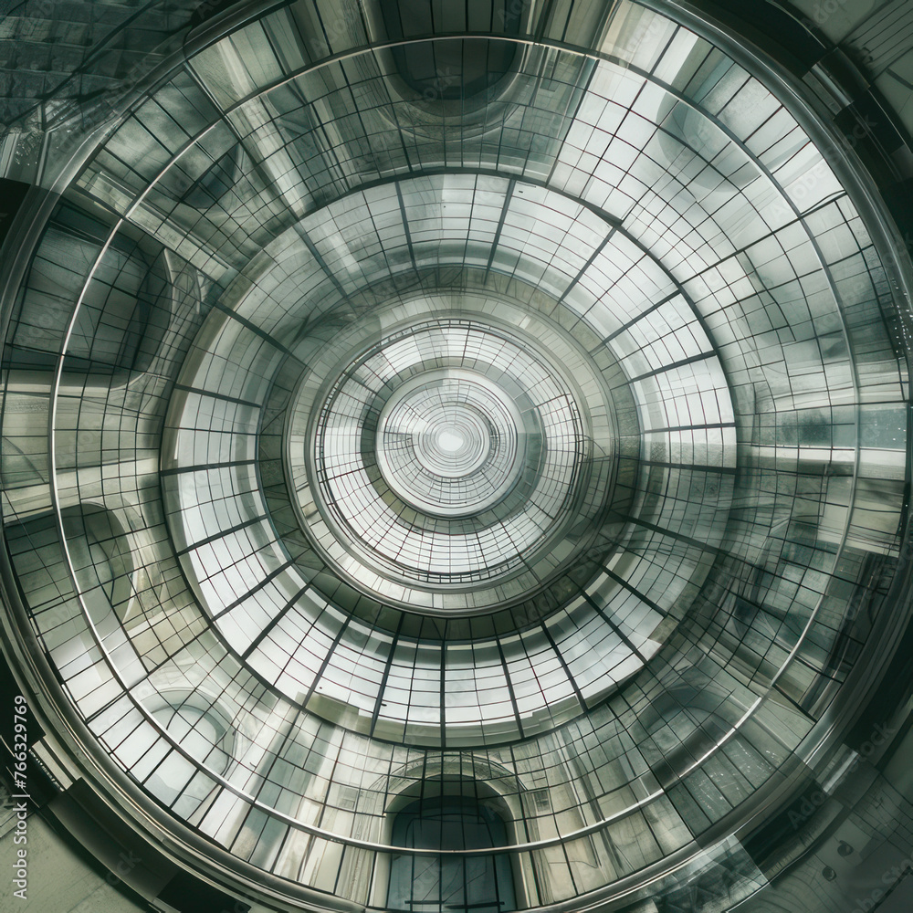 Double exposure photo of transparent circular glass ceiling / roof at two different zooms. Realistic but not real architectural image with doubled number of circles compared to the real object.
