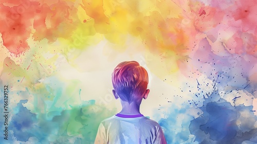 Rear view of a child with vibrant, colored hair staring at a whimsical watercolor background, evoking creativity and imagination in youth