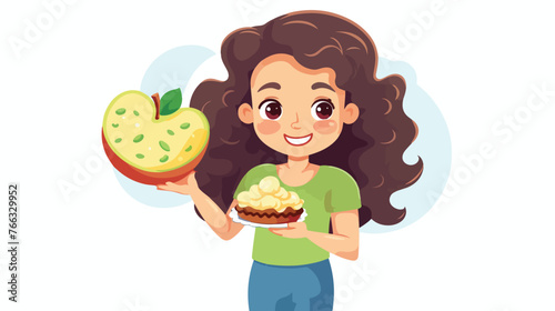 A girl with a pie and a green apple in her hand.