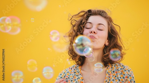 A delighted young woman blowing bubbles against a sunny yellow background