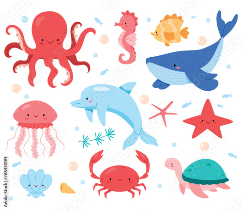 Set of sea animals.Cute ocean fish  octopus  shark and turtle  jellyfish  crab and seal. Underwater wildlife