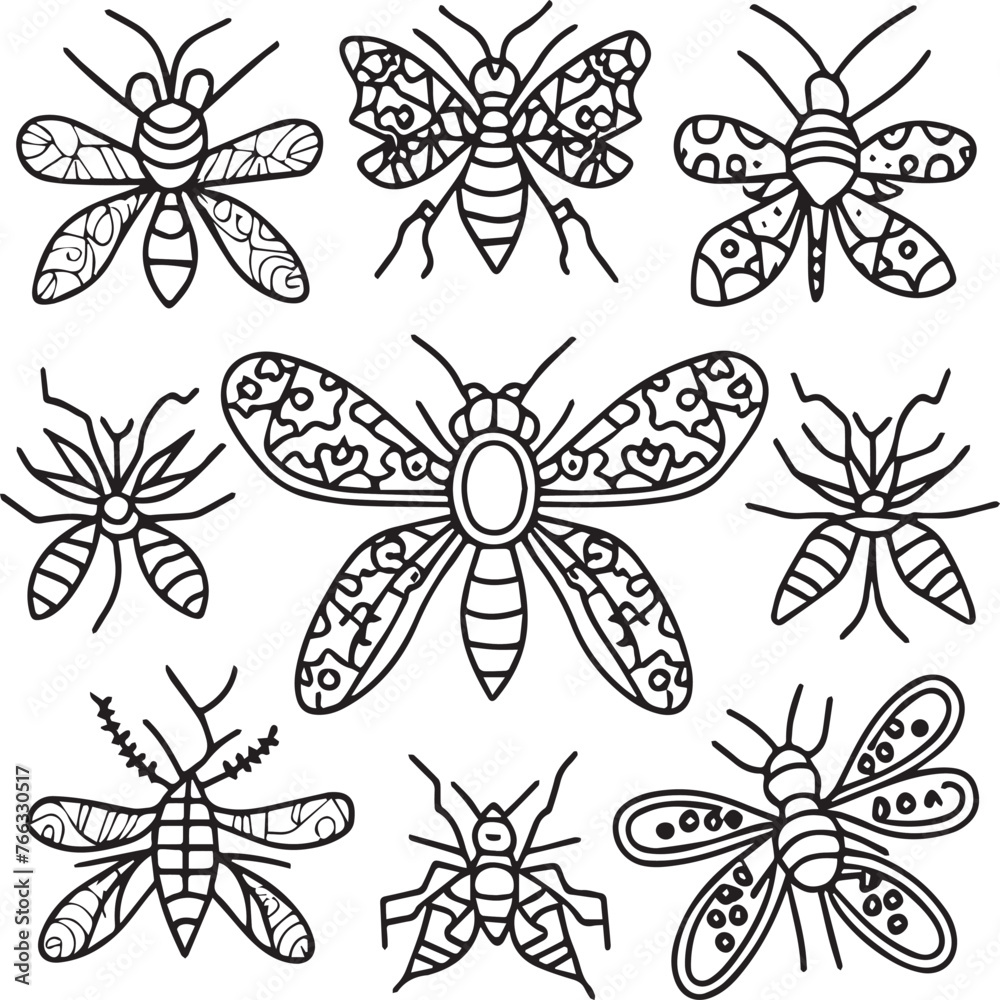 Insects coloring pages for coloring book. Insects outline vector.