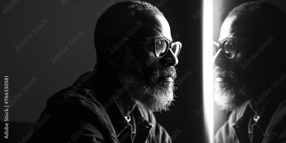 Mature bearded man in glasses, profile illuminated by stark contrast light, introspective mood