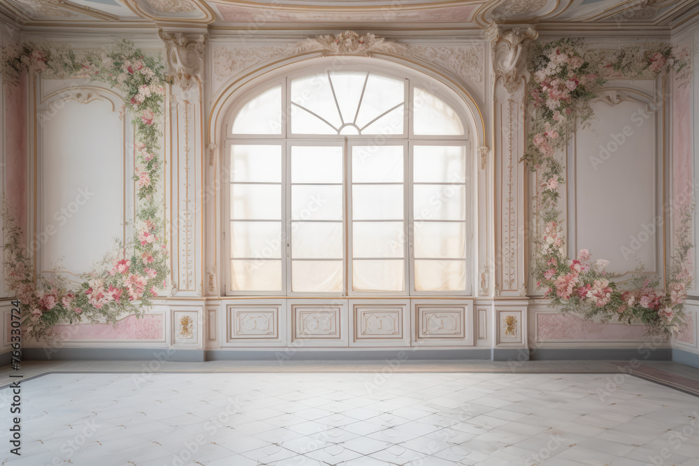 Luxury Palace Interior decorated with pink and white roses flowers. Wedding Interior Background