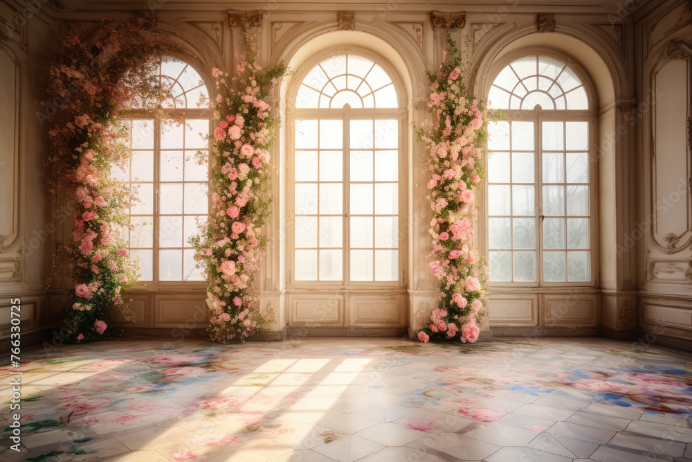 Luxury Palace Interior decorated with pink roses flowers. Wedding Interior Background
