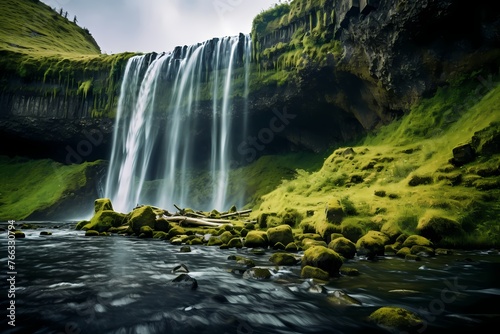Majestic waterfalls descending from moss-covered cliffs, blending seamlessly into a verdant landscape photo