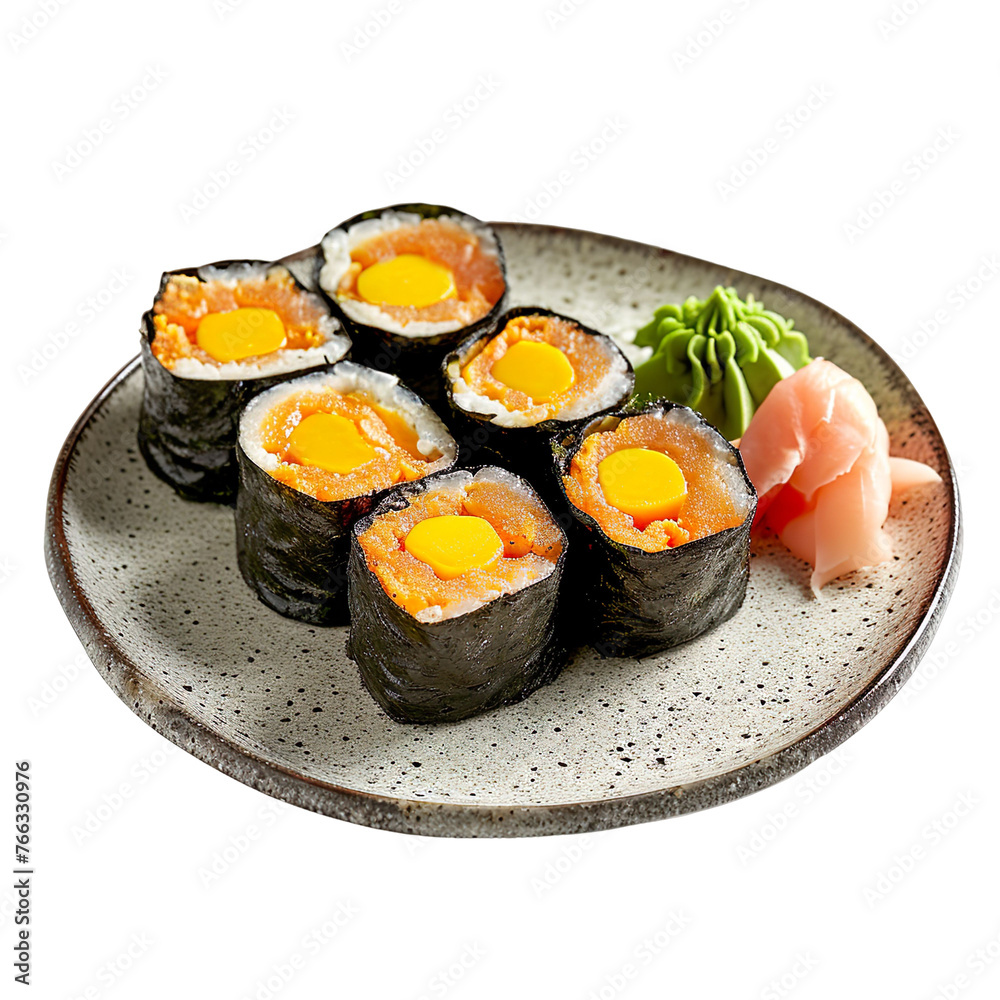 front view of Tamago Gunkan (sweet omelette gunkan-maki) with a touch of wasabi, arranged on a sleek sushi plate, isolated on a white transparent background front view of Tamago Gunkan (sweet omelette gunkan-maki) with a touch of wasabi, arranged on a sleek sushi plate, isolated on a white transparent background