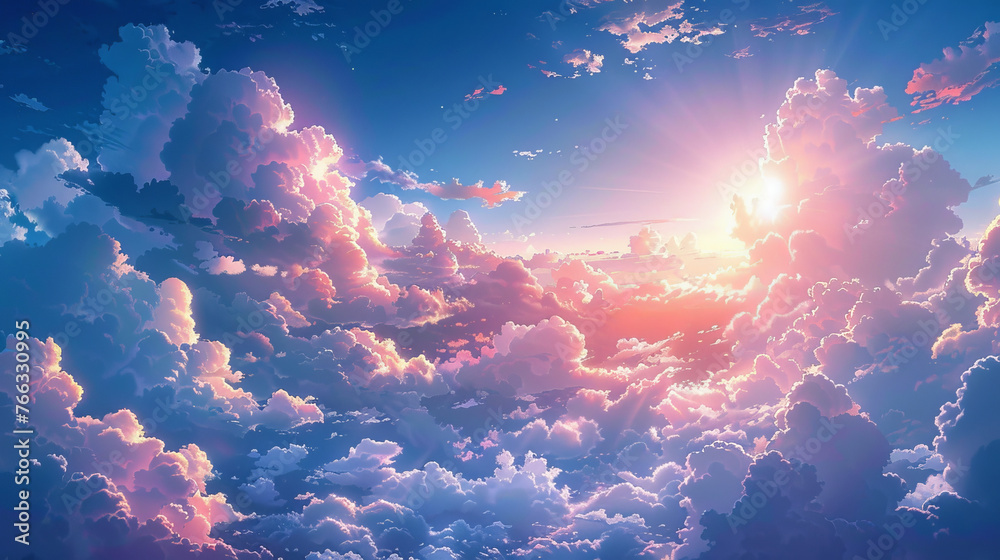 Vibrant sky with clouds reflecting sunlight at sunset, conveying drama and beauty in this breathtaking illustration Vibrant sky with clouds reflecting sunlight at sunset, conveying drama and beauty in this breathtaking illustration