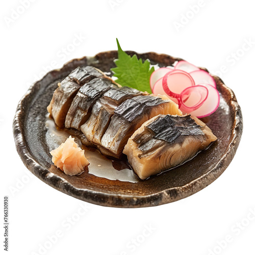 front view of Shime Saba (cured mackerel) with pickled ginger, on a traditional Japanese plate, isolated on a white transparent background photo