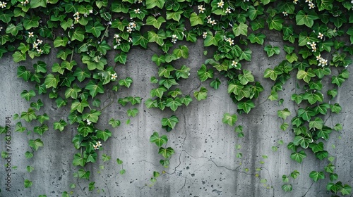 Ivy-covered concrete wall with flowers © RoiB