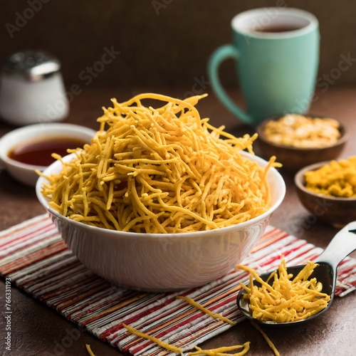 cheese flavoured sev or bhujiya, tea time snack from india photo