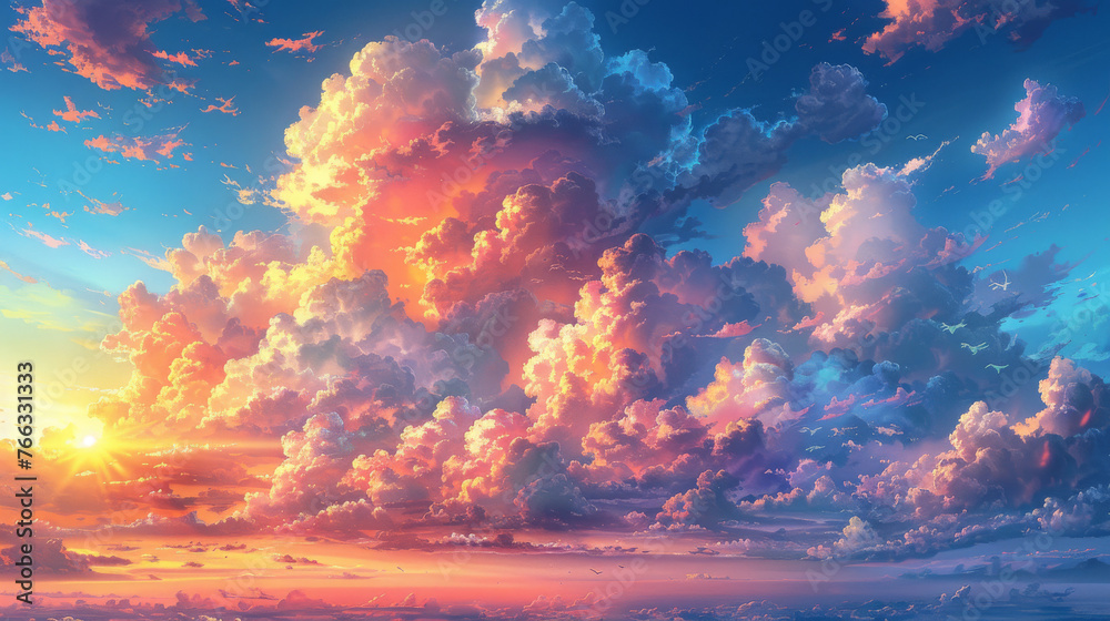Dramatic cloud formations are set ablaze with the warm hues of the setting sun, creating a powerful and moving skyscape - obrazy, fototapety, plakaty 