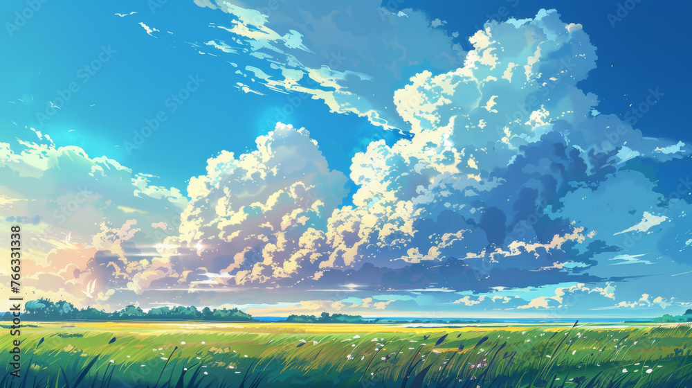 Vibrant digital art featuring a serene blue sky with fluffy clouds over a field with the sun's rays piercing through