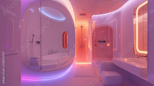 A futuristic pod bathroom with curved walls, LED mood lighting, and high-tech features like voice-activated controls for a space-age feel