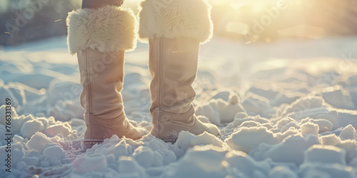 Winter Warmth: Snow-Covered Boots in Sunset Light. Close-up of classic felt winter boots against snow background.