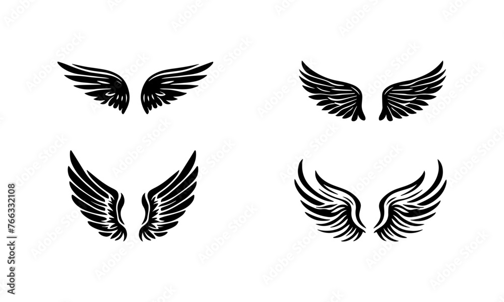 wings silhouettes vector set black and white 02 - obrazy, fototapety, plakaty 