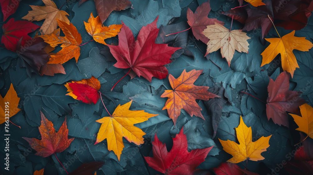 Vibrant autumn leaves scattered on a dark background conveying seasonal change