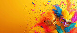 Elaborate carnival masks with colorful feathers and sparkles scattered on a dynamic yellow background