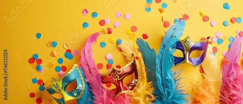 Venetian style carnival masks adorned with feathers and confetti on a yellow backdrop, displaying celebration