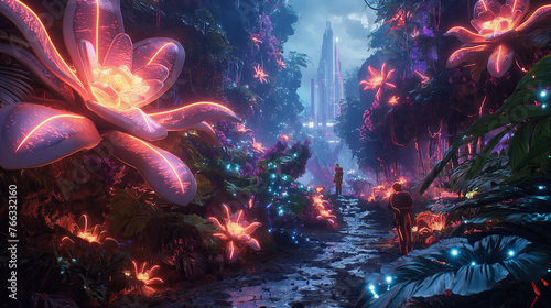 A neon-lit jungle with glowing, oversized flowers and a path leading to a futuristic city, with explorers in holographic gear marveling at the scene
