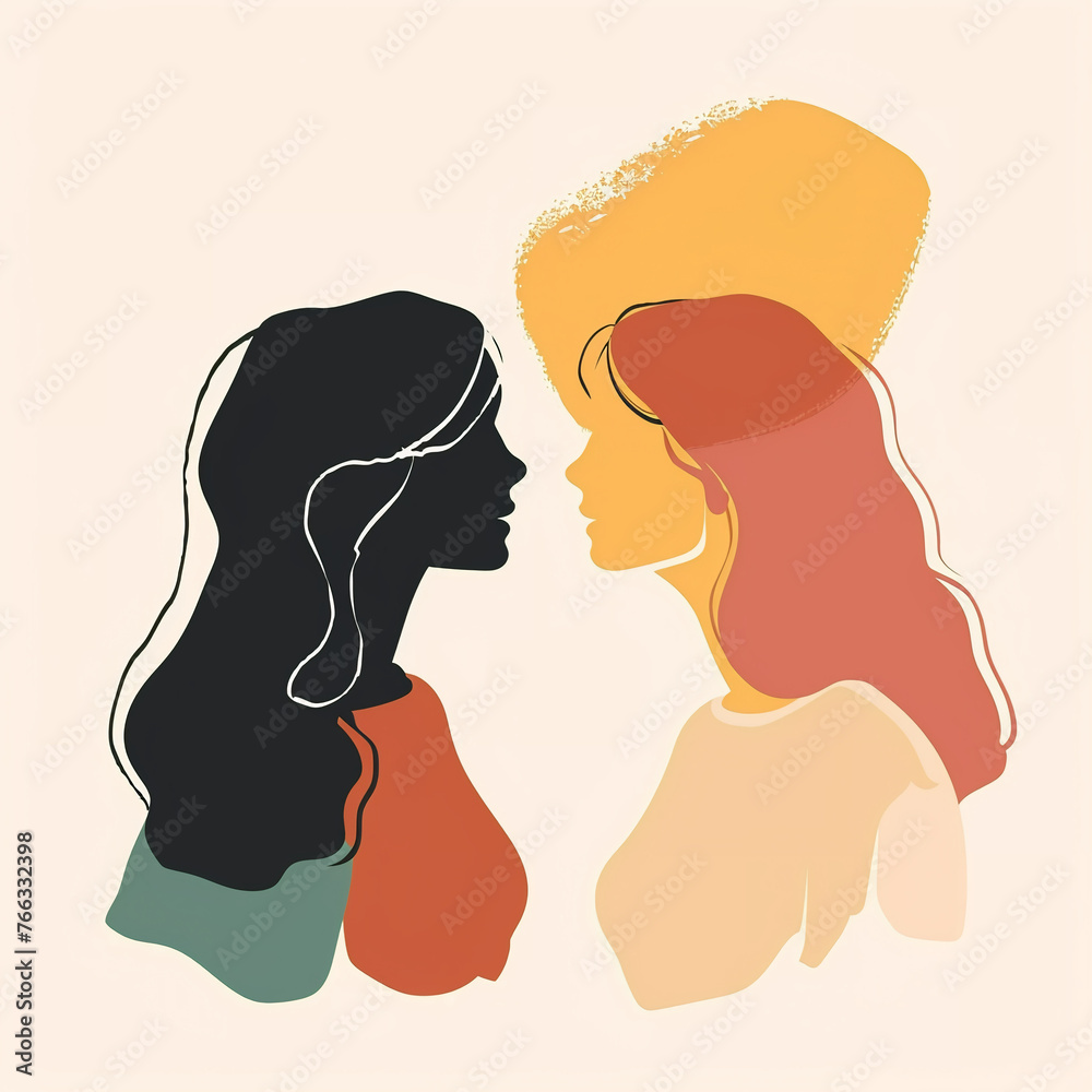 illustration of friendship or sisterhood, pair of best friends, isolated flat vector modern illustration of two girls, full of love and confidence