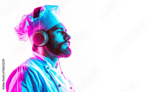 Stylish chef immersed in music with vibrant electric dreams color scheme photo