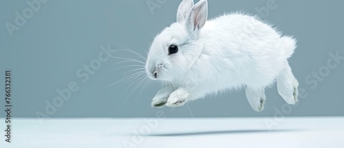  A white rabbit leaps into the air with its front paws on its back legs and its head held high © Wall