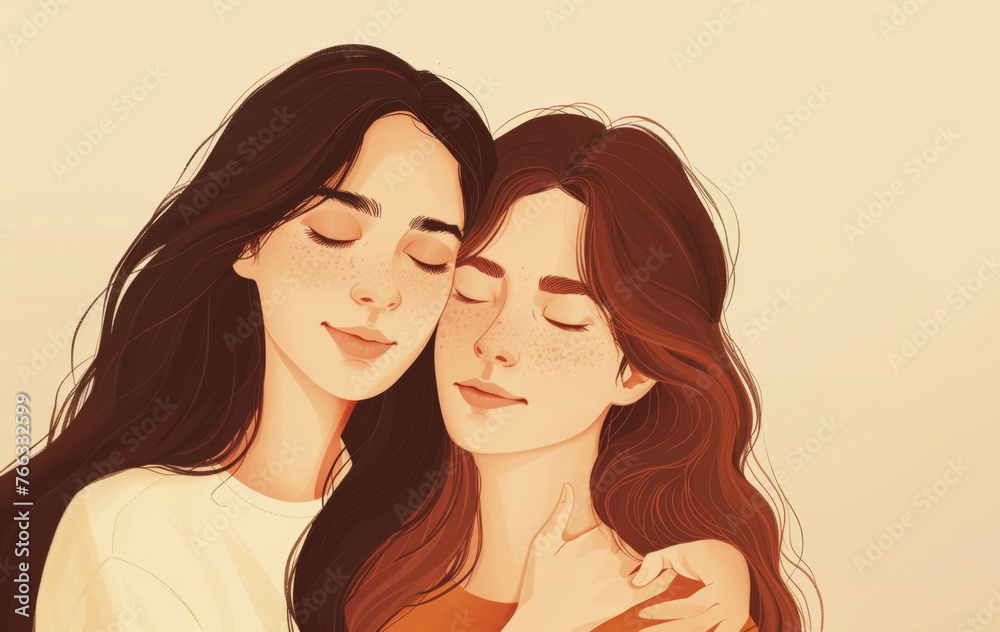 Compassionate animated female friends sharing a tender hug Compassionate animated female friends sharing a tender hug