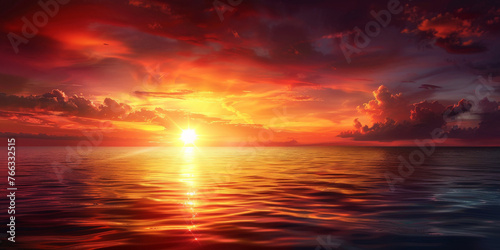 sunset in sea  tropical beach seascape horizon,  Orange and golden sunset sky calmness tranquil relaxing, banner © Planetz