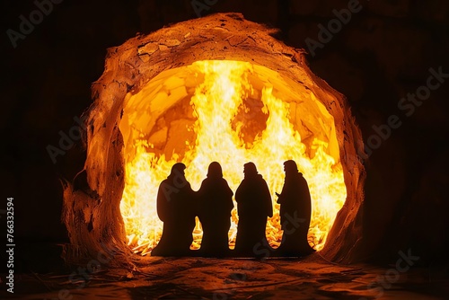 silhouette of the fiery furnace, biblical story of faith in persecution photo