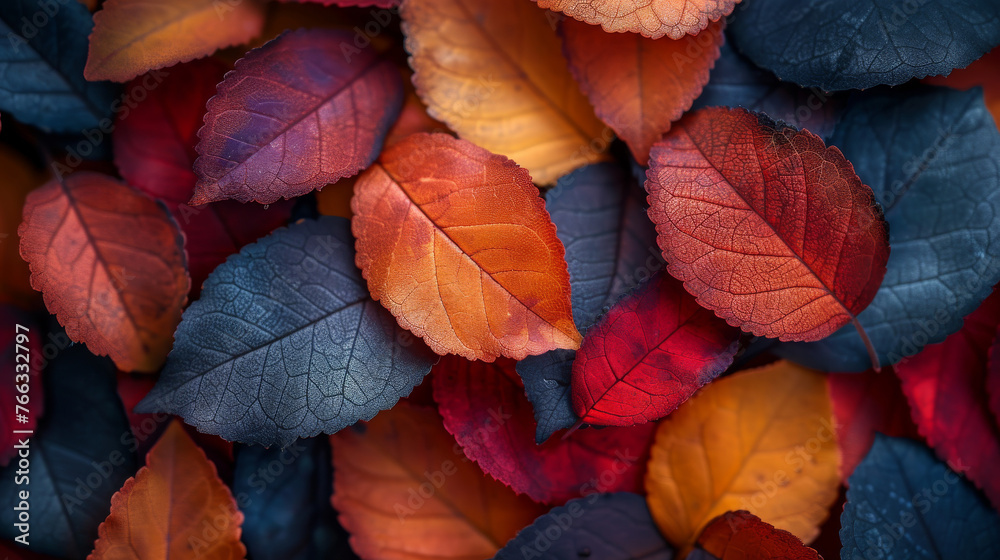 A chaotic yet harmonious assembly of multicolored leaves that captures the essence and beauty of the fall season