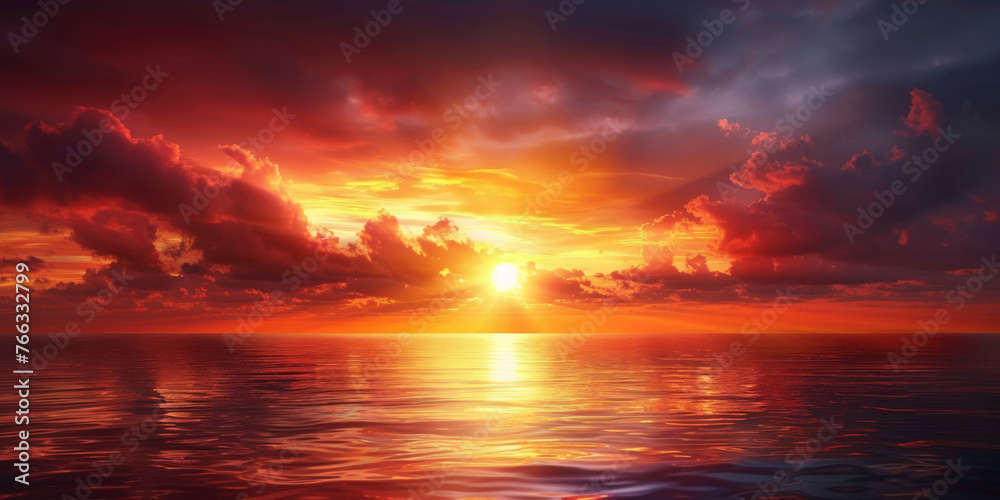sunset in sea  tropical beach seascape horizon,  Orange and golden sunset sky calmness tranquil relaxing, banner