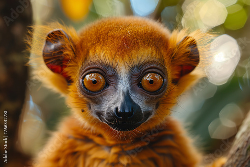 A young lemur clings to a tree  looking intently  travel concept.