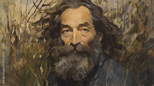A man with a beard and long hair is depicted in a painting
