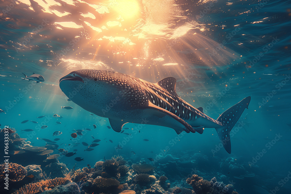 A whale gracefully swims through the ocean, sunlight filtering through the water, travel concept. A whale gracefully swims through the ocean, sunlight filtering through the water, travel concept.