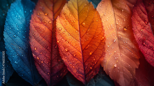 Vibrant leaves with dew showcasing a spectrum of colors from blue to red  giving a fresh look