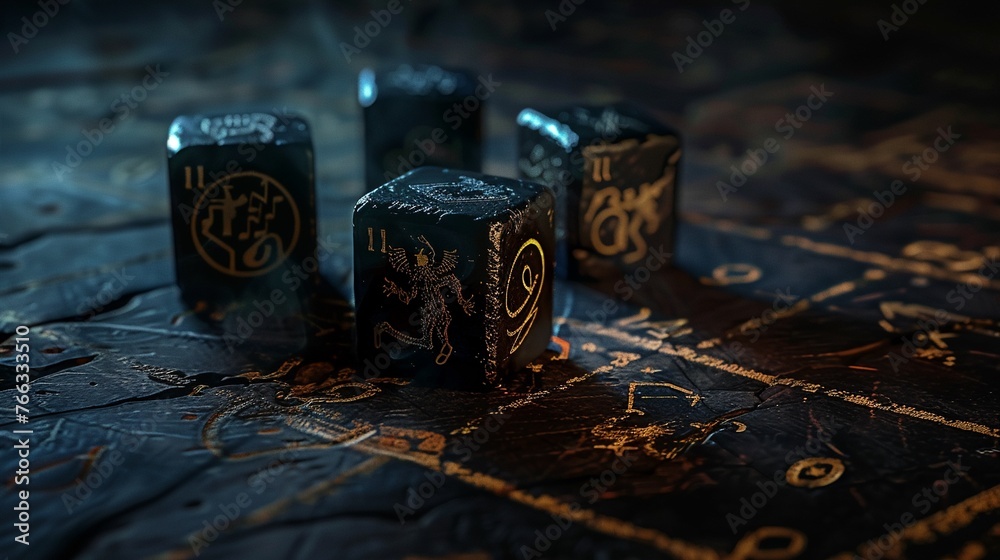 Cursed dice with eerie symbols rolling on an ancient rune-etched board - obrazy, fototapety, plakaty 