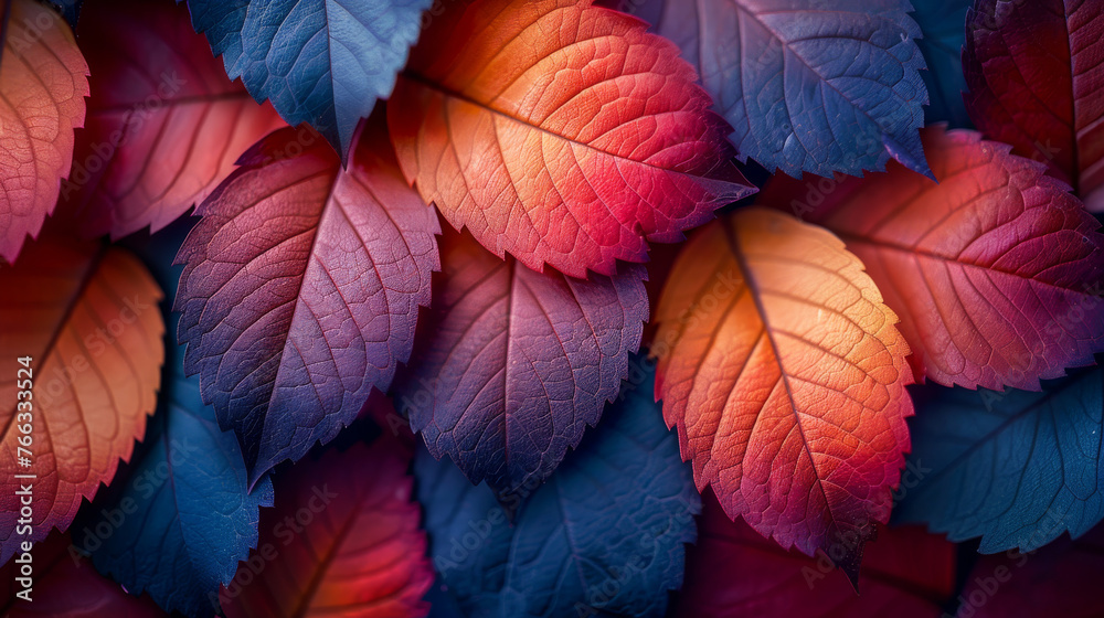 An array of leaves transitioning from deep blue to orange, simulating the autumn color spectrum