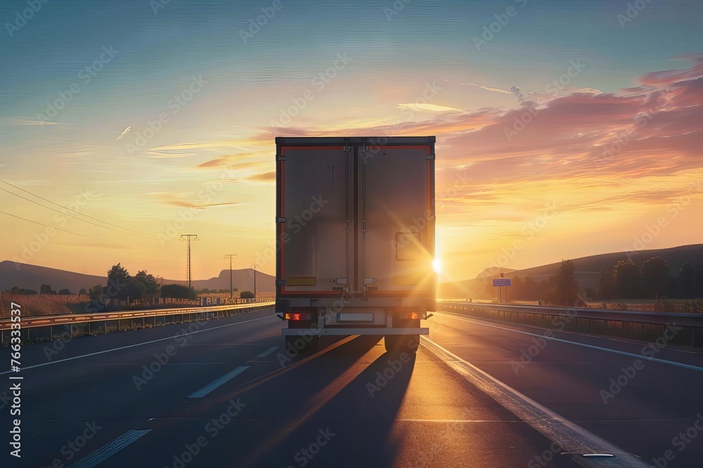 Truck Driving on Road at Sunset, Transportation and Logistics Concept - obrazy, fototapety, plakaty 