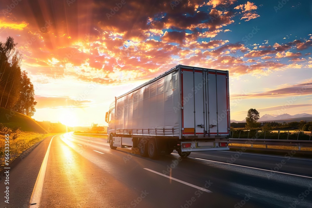 Truck Driving on Road at Sunset, Transportation and Logistics Concept - obrazy, fototapety, plakaty 