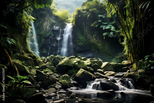 Glistening waterfalls weaving through dense foliage, a masterpiece of nature's artistry in the heart of the mountains