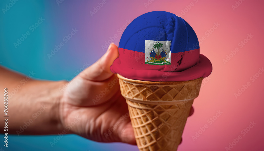 On a colorful background, a hand with ice cream in the form of the flag of Haiti On a colorful background, a hand with ice cream in the form of the flag of Haiti