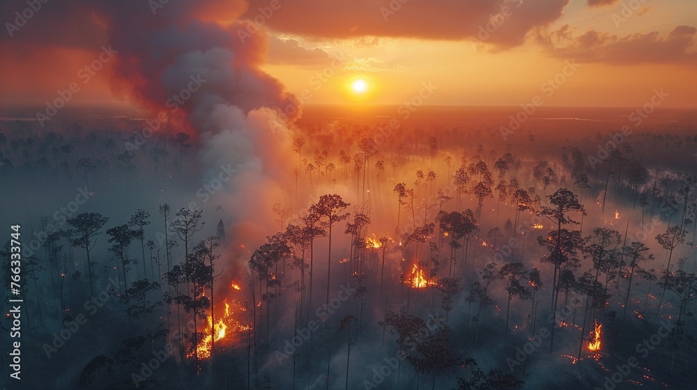 Fototapeta premium Wildfire aftermath in Asian forest, smoky haze, PM25 visible, golden hour lighting, drone view