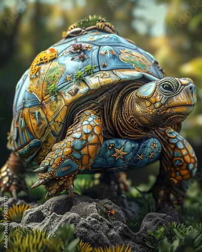 Adventurous turtle sporting a shell with world map design