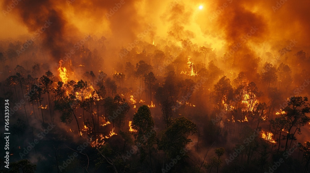 Evening fire in Asian forest, smoke merges with PM25, ambient lighting, overhead shot, surreal